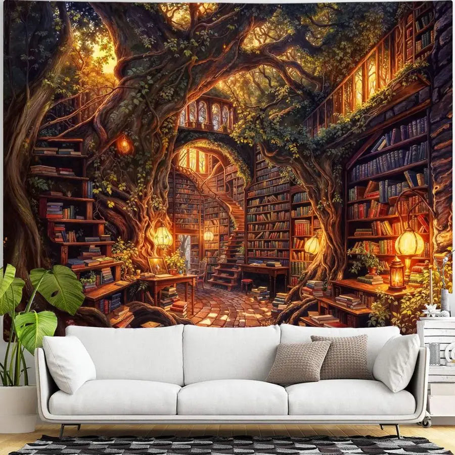 Forest Library Tapestry Tree Bookshelf Tapestries Wall Hanging Vintage Fantasy Fairy Treehouse Book Extra Large Tapestry for Bed