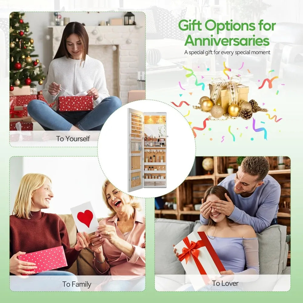 LED Mirror Jewelry Cabinet with RGB Lights,Wall Mounted Jewelry Organizer with Full-Length Mirror,Over The Door Hanging Jewelry