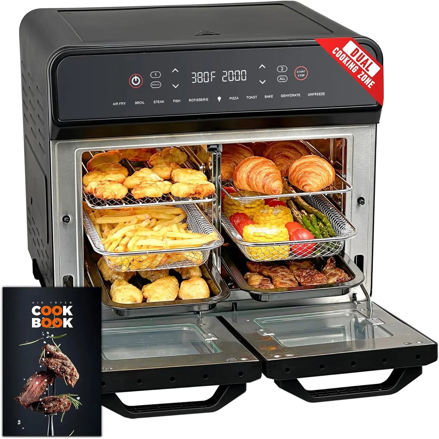 24Qt Dual Zone Air Fryer Oven with Rotisserie, Digital 1800W 10-in-1 Convection Toaster Oven Combo Stainless Steel