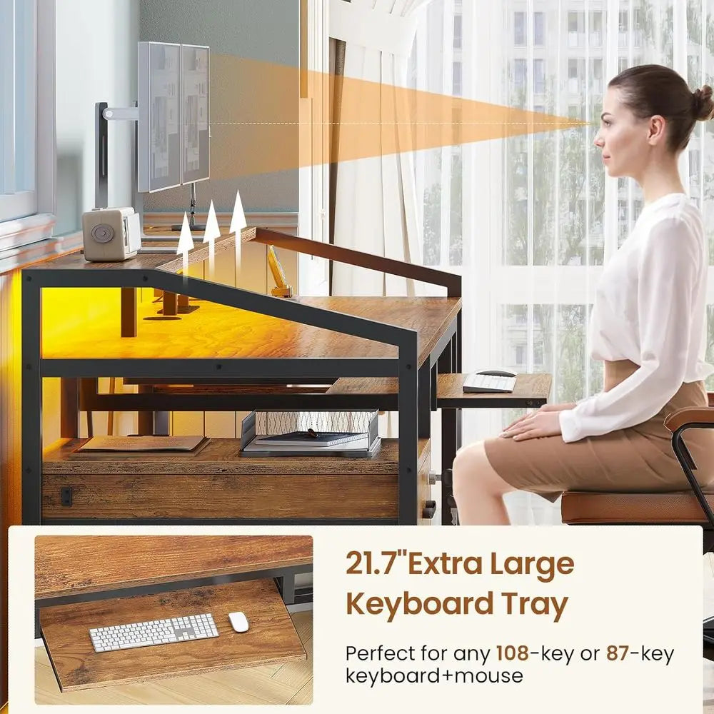 Rustic Brown 63 Office Desk with Lockable File Drawers, LED Lighting & Power Outlet for Home and Gaming