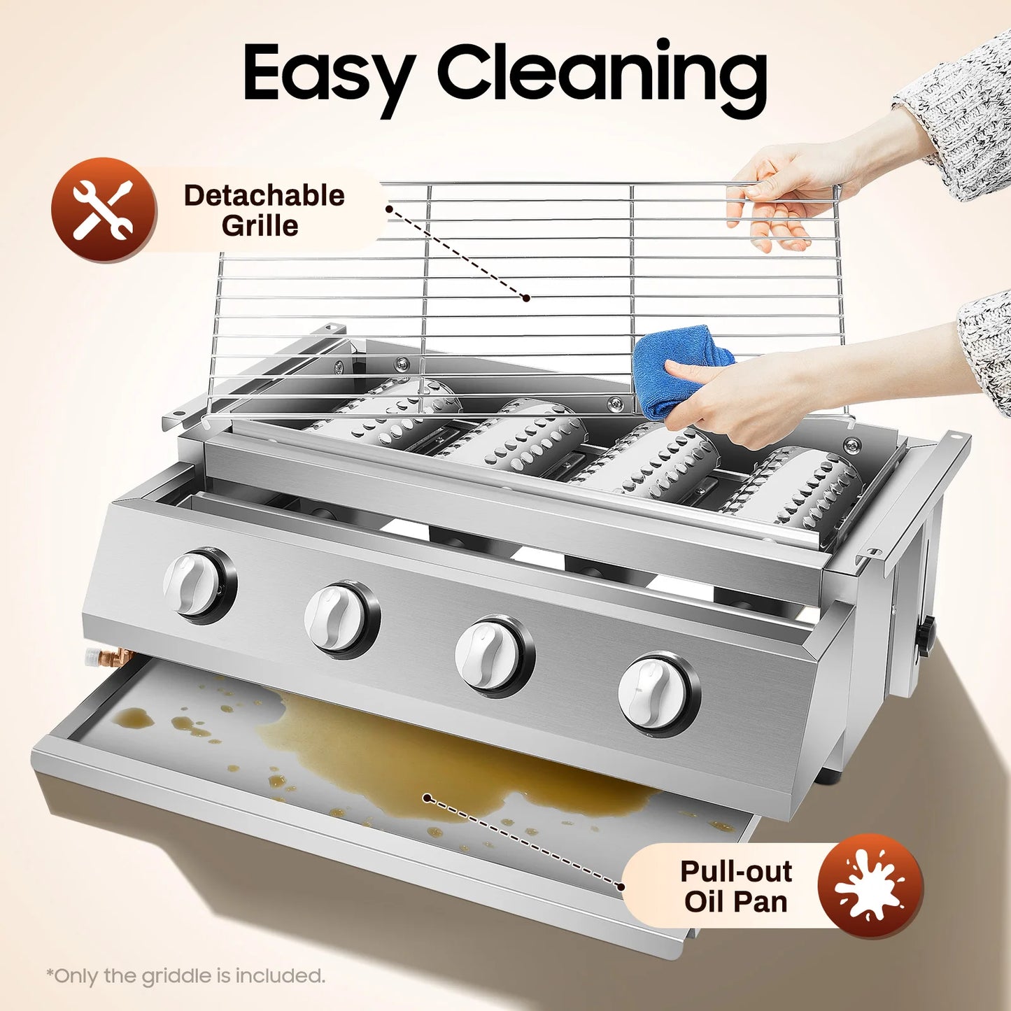 4 Burners BBQ Propane Gas Grill Removable Smokeless Barbecue Grill Portable BBQ Grill for Outdoor Patio Garden