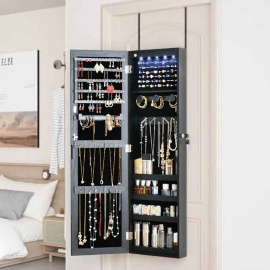 Full Length Mirror Jewelry Cabinet Organizer Lockable Door Wall-Mounted Jewelry Armoire with Shelves and Behind the Door Storag