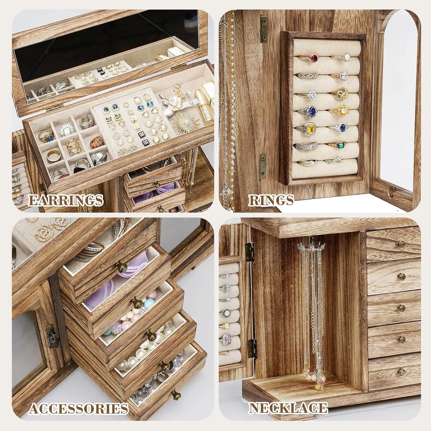 Rustic Wooden Jewelry Organizer Box with Mirror, 5-Layer Storage for Necklaces Earrings Rings Bracelets