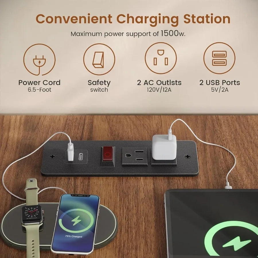 55.1 Executive Office Desk with 3 Drawers and Farmhouse Design Featuring File Drawer Storage Shelves and Built-in Power Outlet