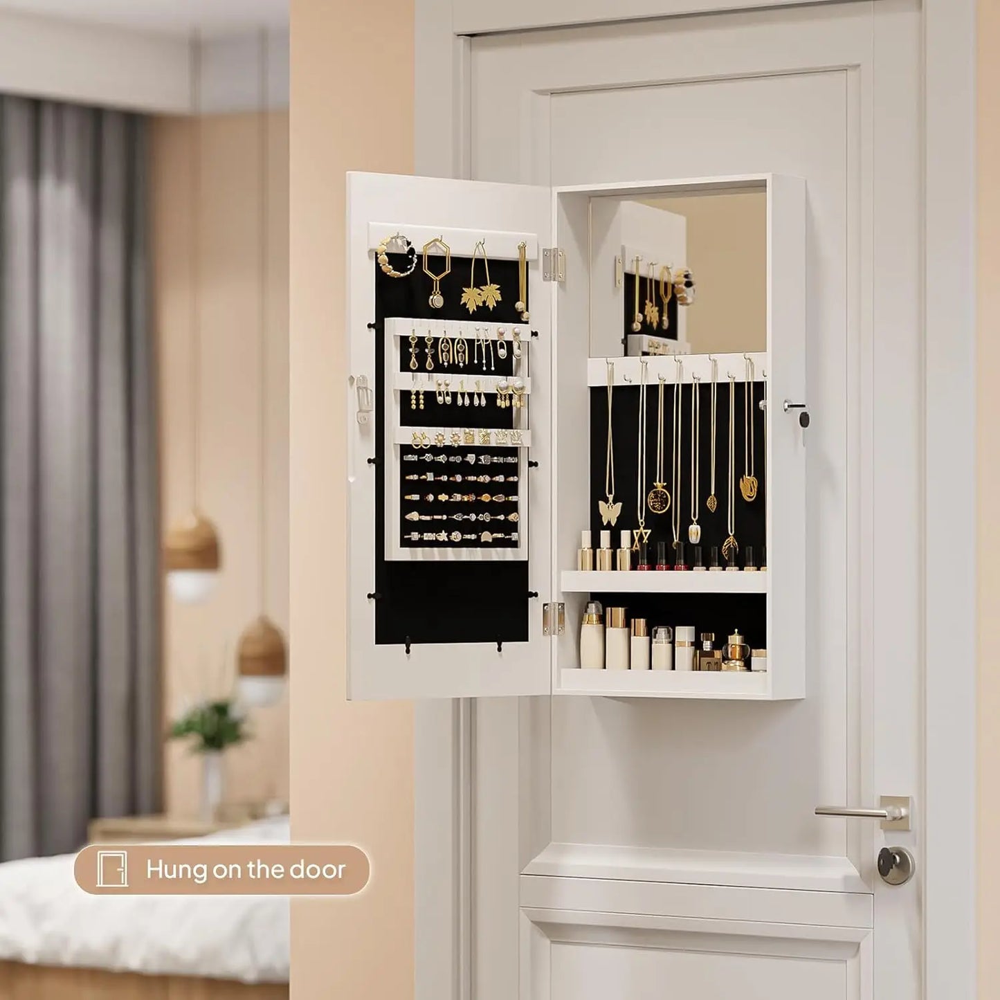 White Wall Mount Jewelry Cabinet with Photo Frame & Mirror, 24x12x4 Inch Storage Organizer for Women's Bedroom