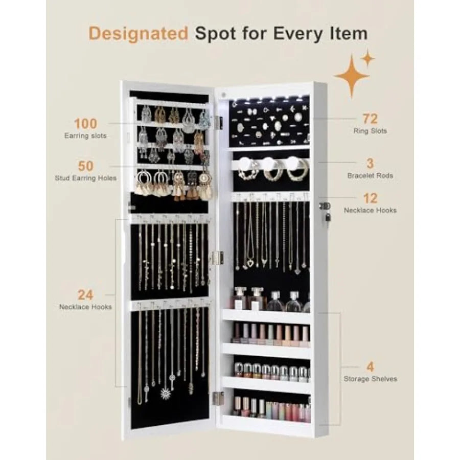 6 LEDs Mirror Jewelry Cabinet Large Capacity Lockable Jewelry Armoire Organizer Door or Wall Mounted Mirror with Jewelry Storag