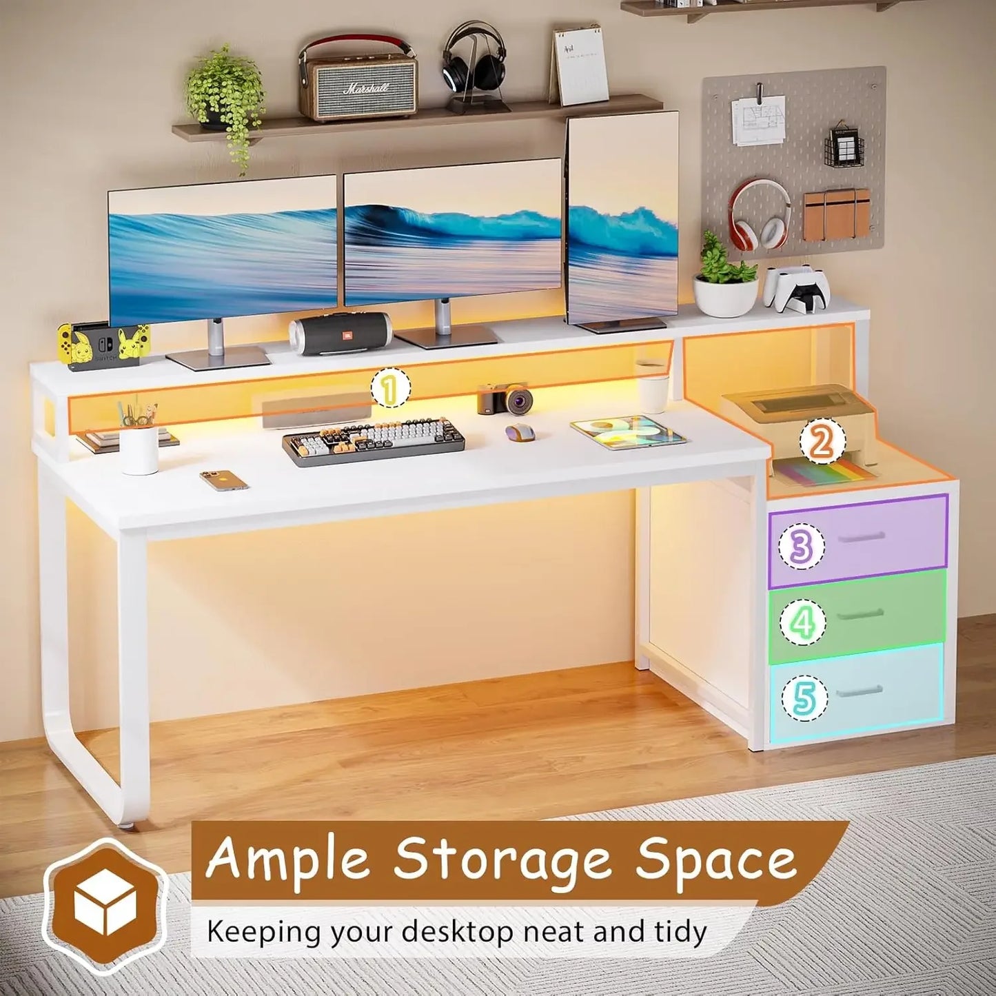 67” White Desk with 3 Drawers and Storage, Reversible White Office Desk Computer Desk w/ Monitor Stand, USA