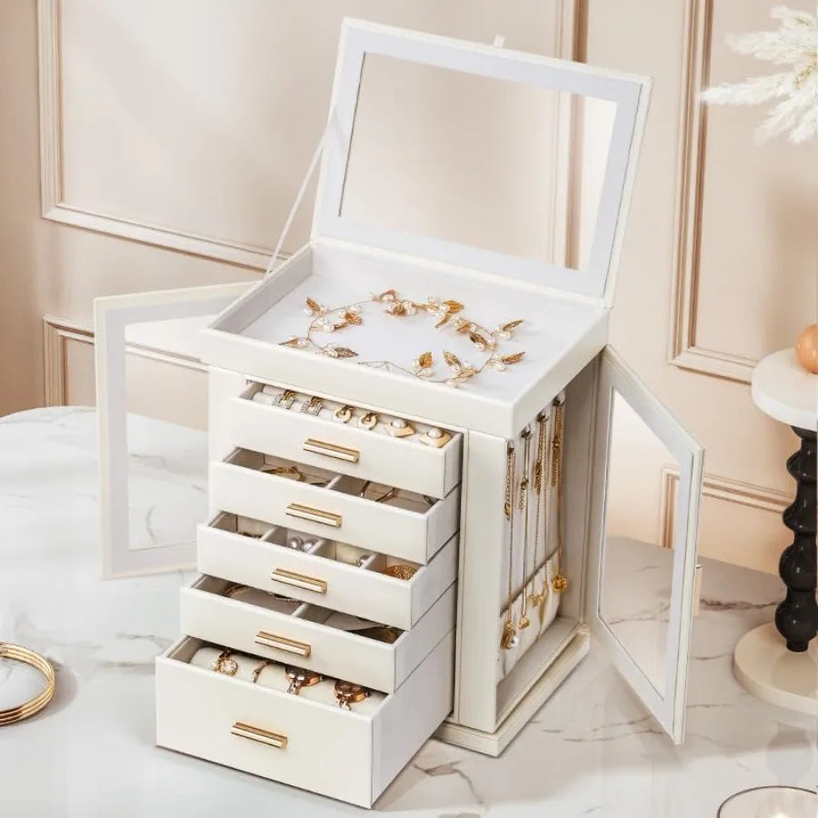 Jewelry Box 360° Rotating 6-Tier Organizer Open Design Large Vertical Jewelry Display Storage Case with Glass Window Gift for W