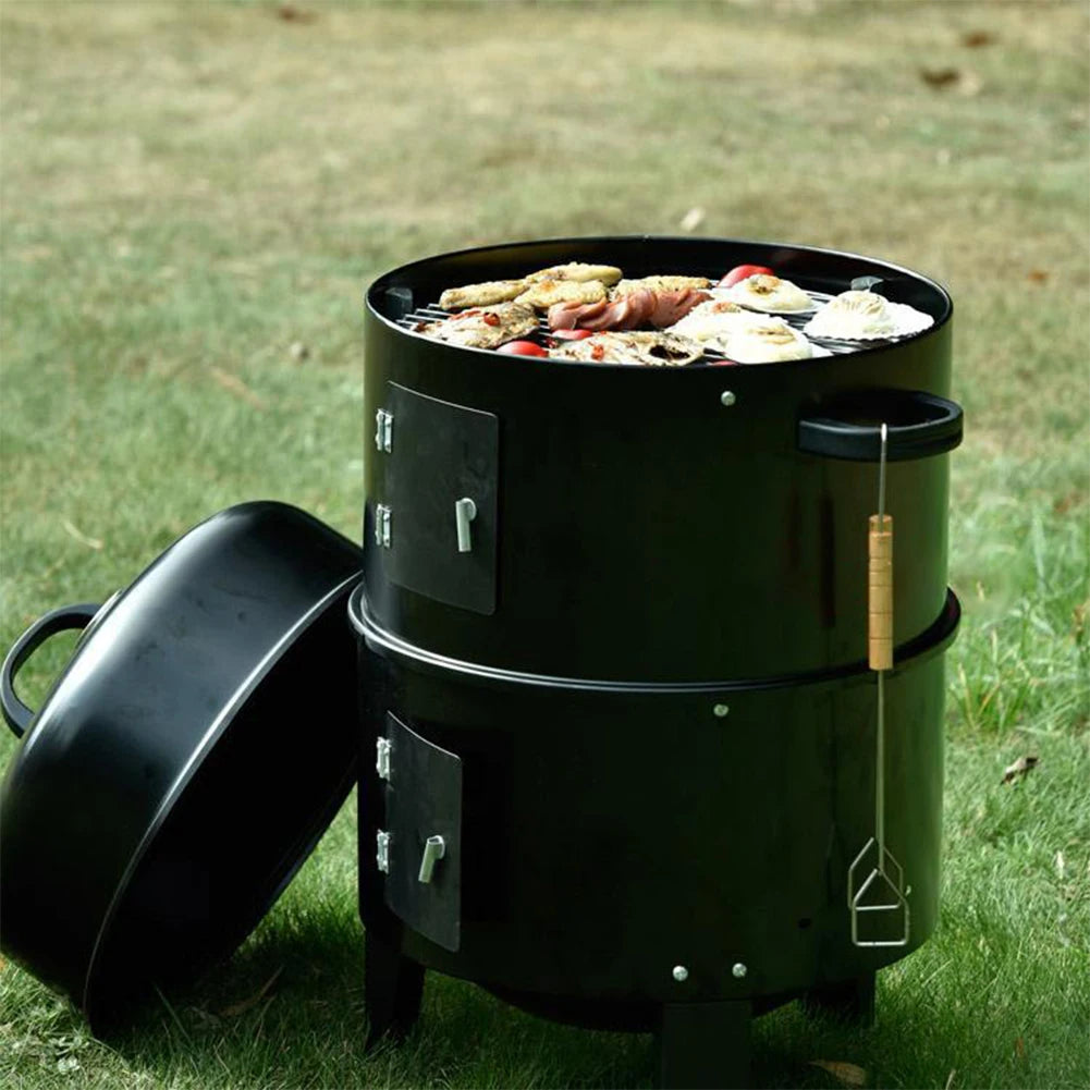 3 in 1 Vertical Charcoal BBQ Smoker Heavy Duty Round Smoking Grill Barbecue Smoker Barrel with Built-in Thermometer for Outdoor