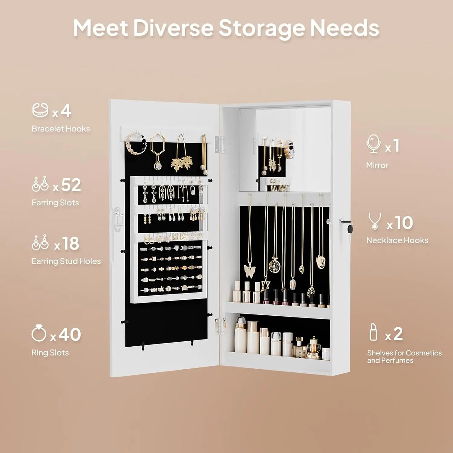 White Wall Mount Jewelry Cabinet with Photo Frame & Mirror, 24x12x4 Inch Storage Organizer for Women's Bedroom