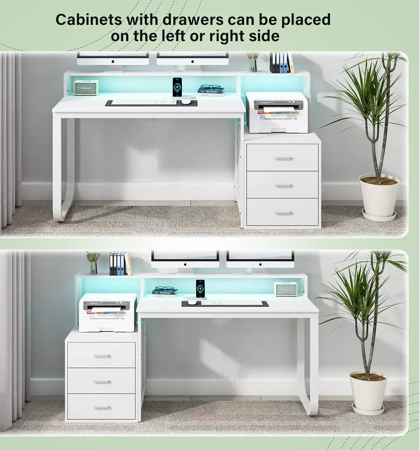 67” White Desk with 3 Drawers and Storage, Reversible White Office Desk Computer Desk w/ Monitor Stand, USA