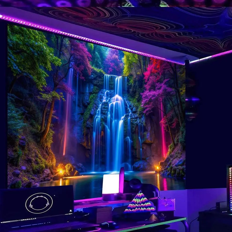 Blacklight Waterfall Tapestry UV Reactive Glow in the Dark Neon Forest Wall Hanging, Vibrant Nature Landscape Wonderland for Bed
