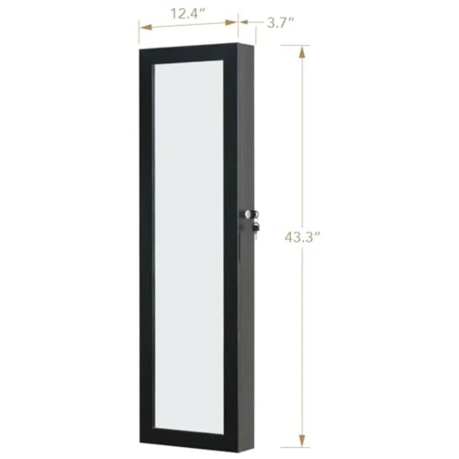 Full Length Mirror Jewelry Cabinet Organizer Lockable Door Wall-Mounted Jewelry Armoire with Shelves and Behind the Door Storag