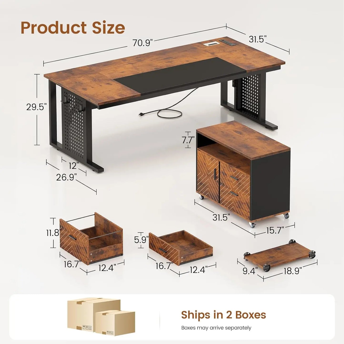 71" Executive Desk with Rolling File Cabinet, Large Office Desk with Drawers, L Shaped Computer Desk with Power, Customized