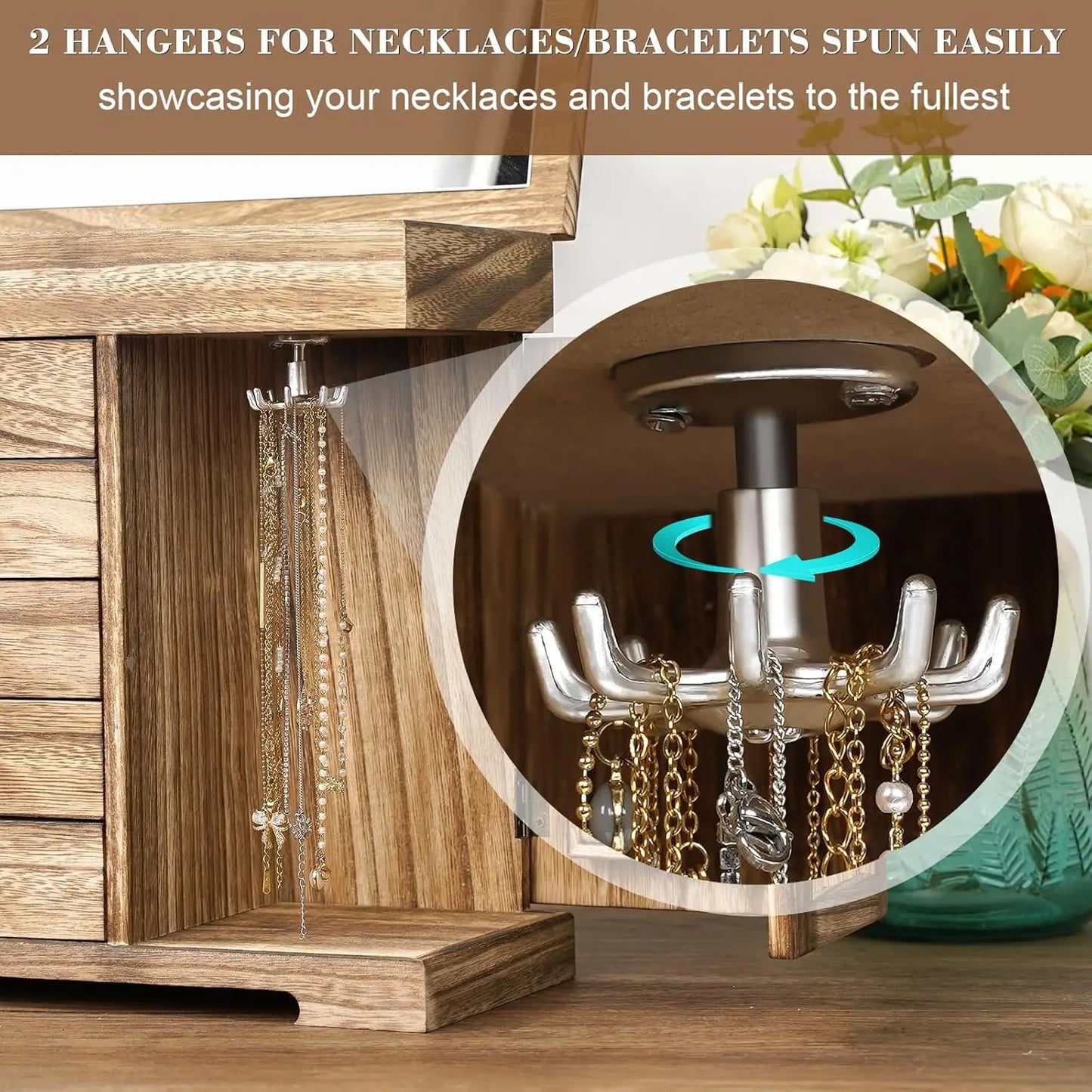 Rustic Wooden Jewelry Organizer Box with Mirror, 5-Layer Storage for Necklaces Earrings Rings Bracelets