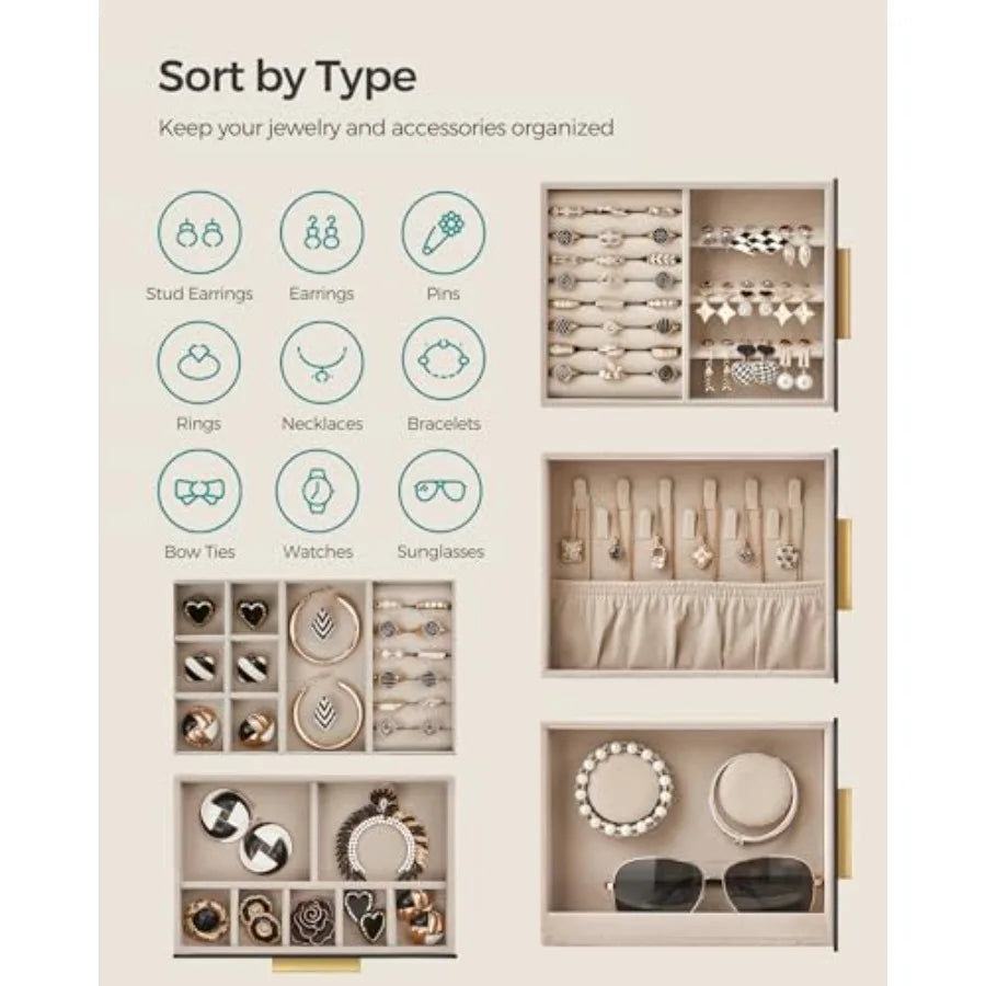 Jewelry Box with Glass Window 5-Layer Jewelry Organizer with 3 Side Drawers Jewelry Storage with Big Mirror Modern 5.1 x 7.9 x