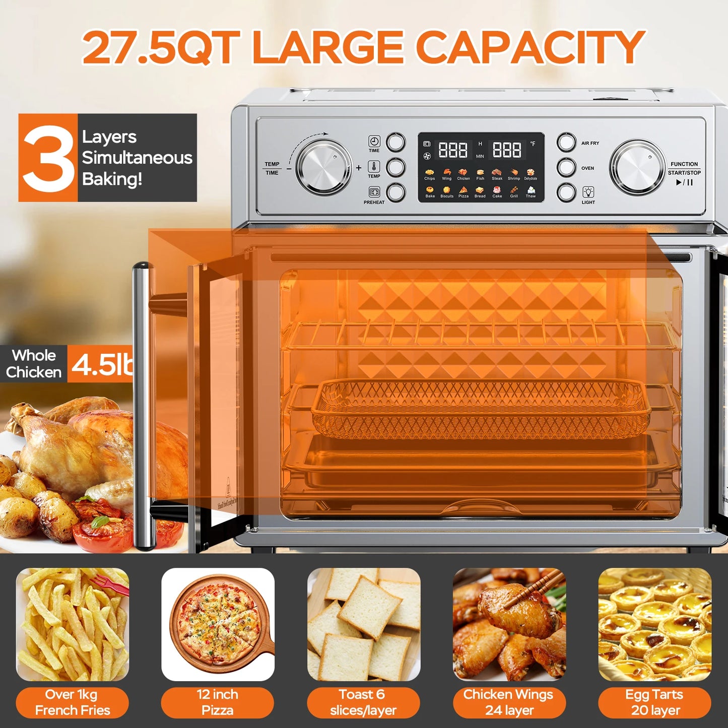 29.5QT 7-in-1 Air Fryer Toaster Oven, 14 Presets, 1700W Stainless Steel with 360° Hot Air, Interior Light, Easy-Clean Tray