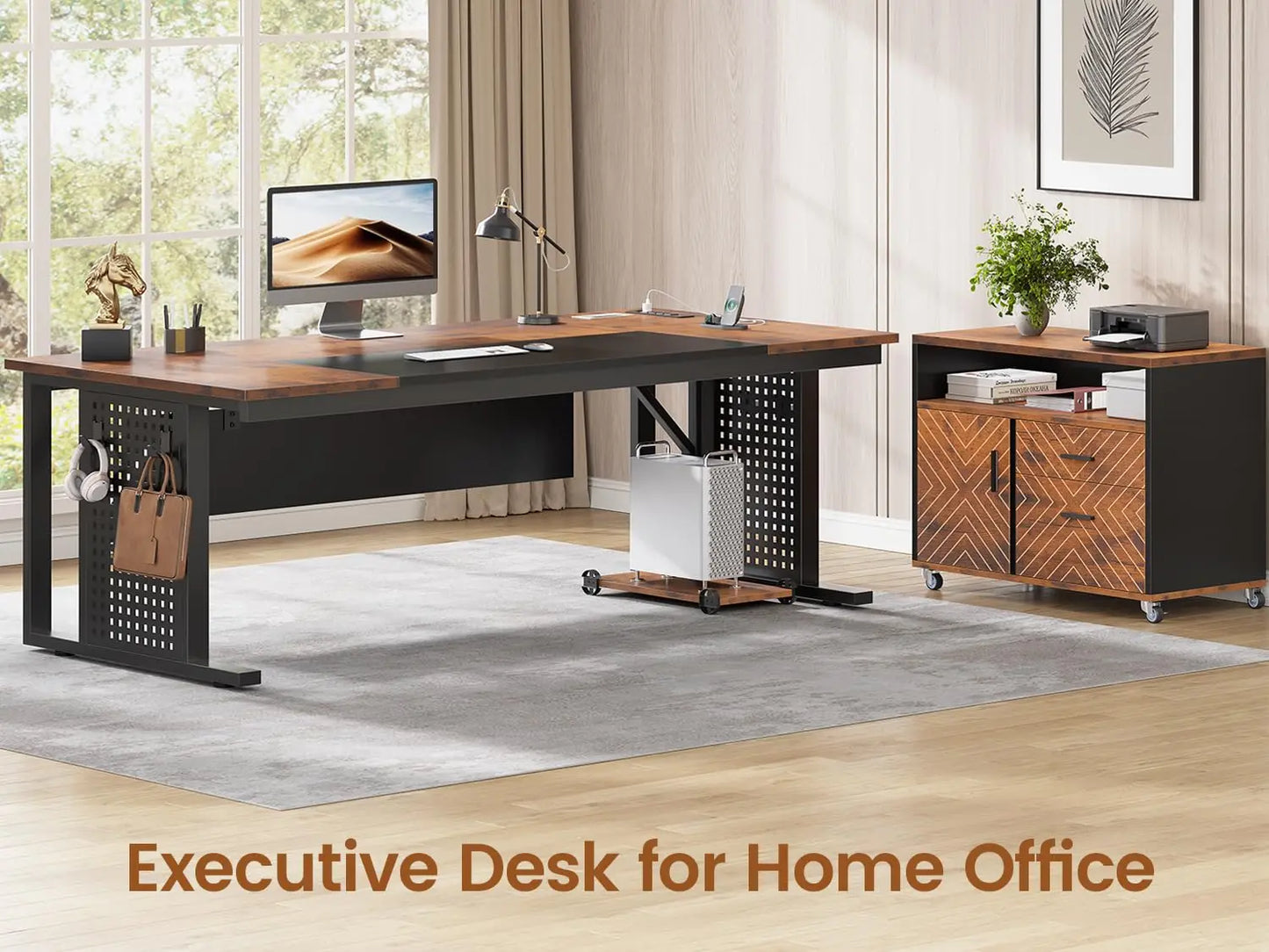 71" Executive Desk with Rolling File Cabinet, Large Office Desk with Drawers, L Shaped Computer Desk with Power, Customized