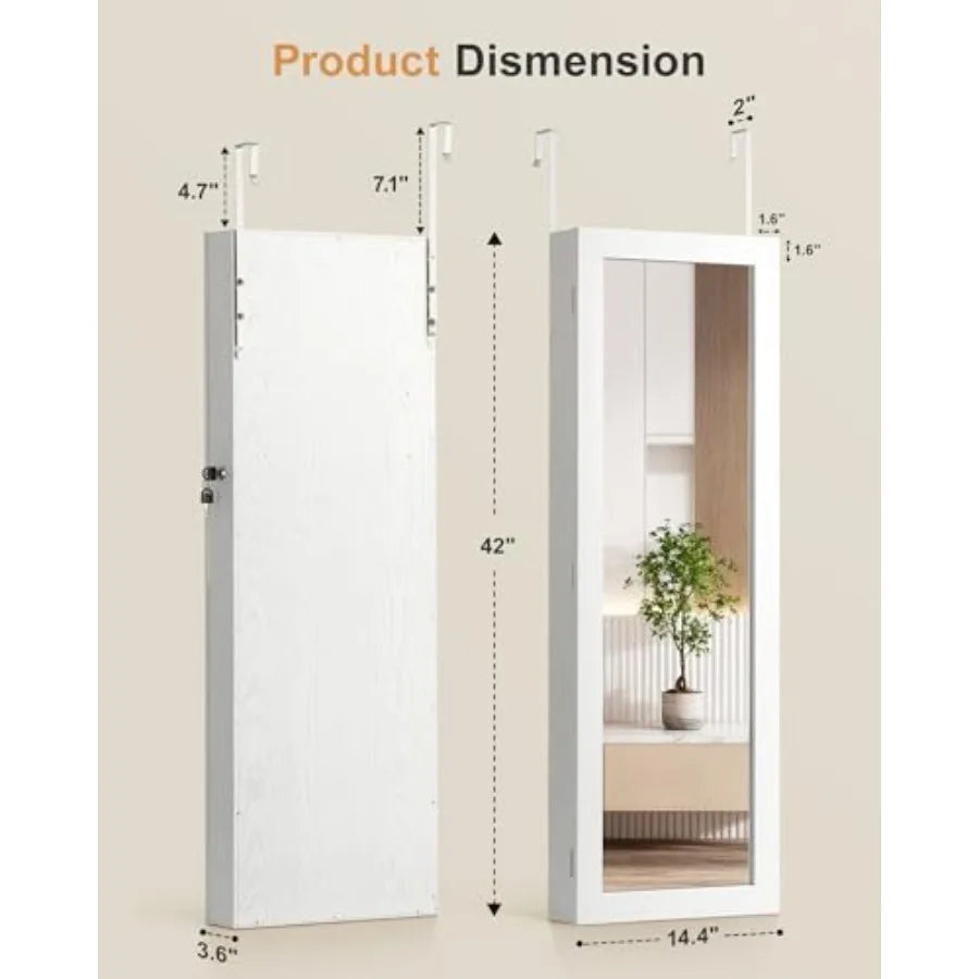 6 LEDs Mirror Jewelry Cabinet Large Capacity Lockable Jewelry Armoire Organizer Door or Wall Mounted Mirror with Jewelry Storag