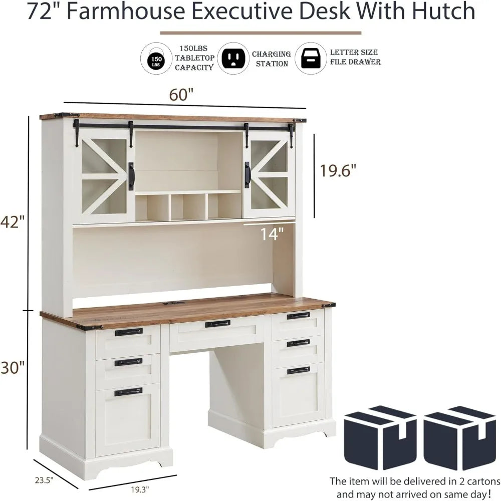 60" Farmhouse Desk with Hutch, Wood Home Office Executive Desk with Drawer, Charging Station, Keyboard Tray, File Drawer, Stora