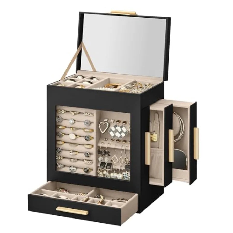 Jewelry Box with Glass Window 5-Layer Jewelry Organizer with 3 Side Drawers Jewelry Storage with Big Mirror Modern 5.1 x 7.9 x