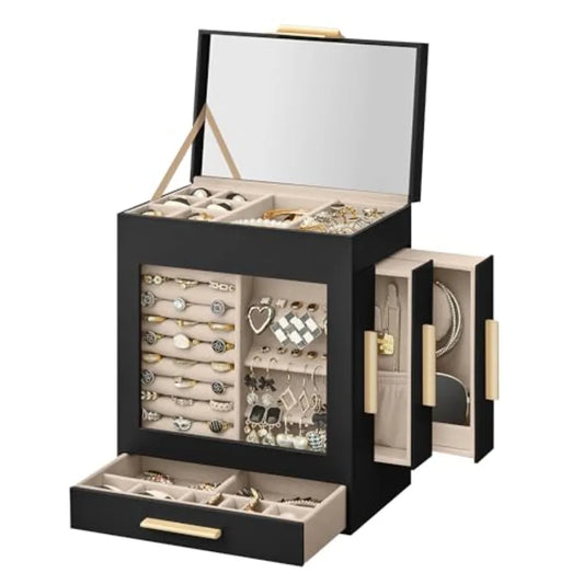 Jewelry Box with Glass Window 5-Layer Jewelry Organizer with 3 Side Drawers Jewelry Storage with Big Mirror Modern 5.1 x 7.9 x