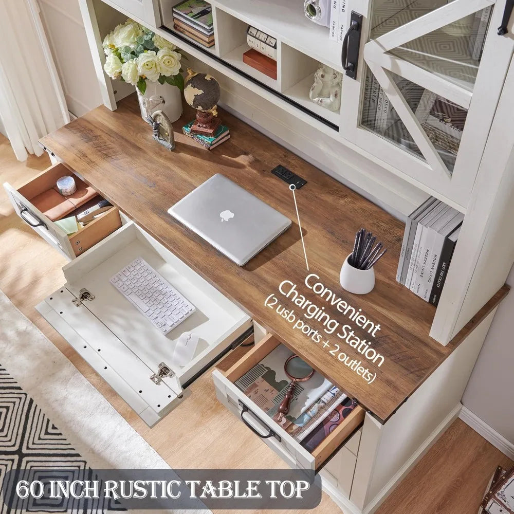 60" Farmhouse Desk with Hutch, Wood Home Office Executive Desk with Drawer, Charging Station, Keyboard Tray, File Drawer, Stora