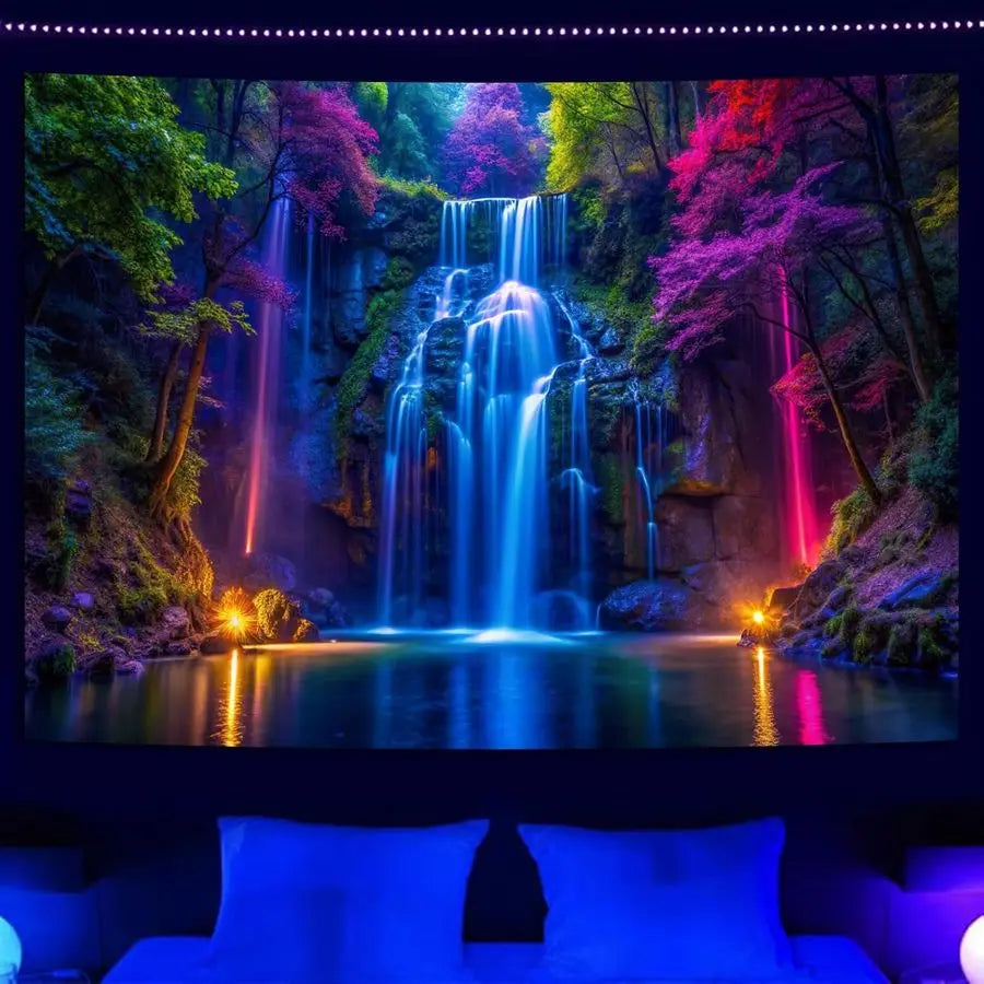 Blacklight Waterfall Tapestry UV Reactive Glow in the Dark Neon Forest Wall Hanging, Vibrant Nature Landscape Wonderland for Bed
