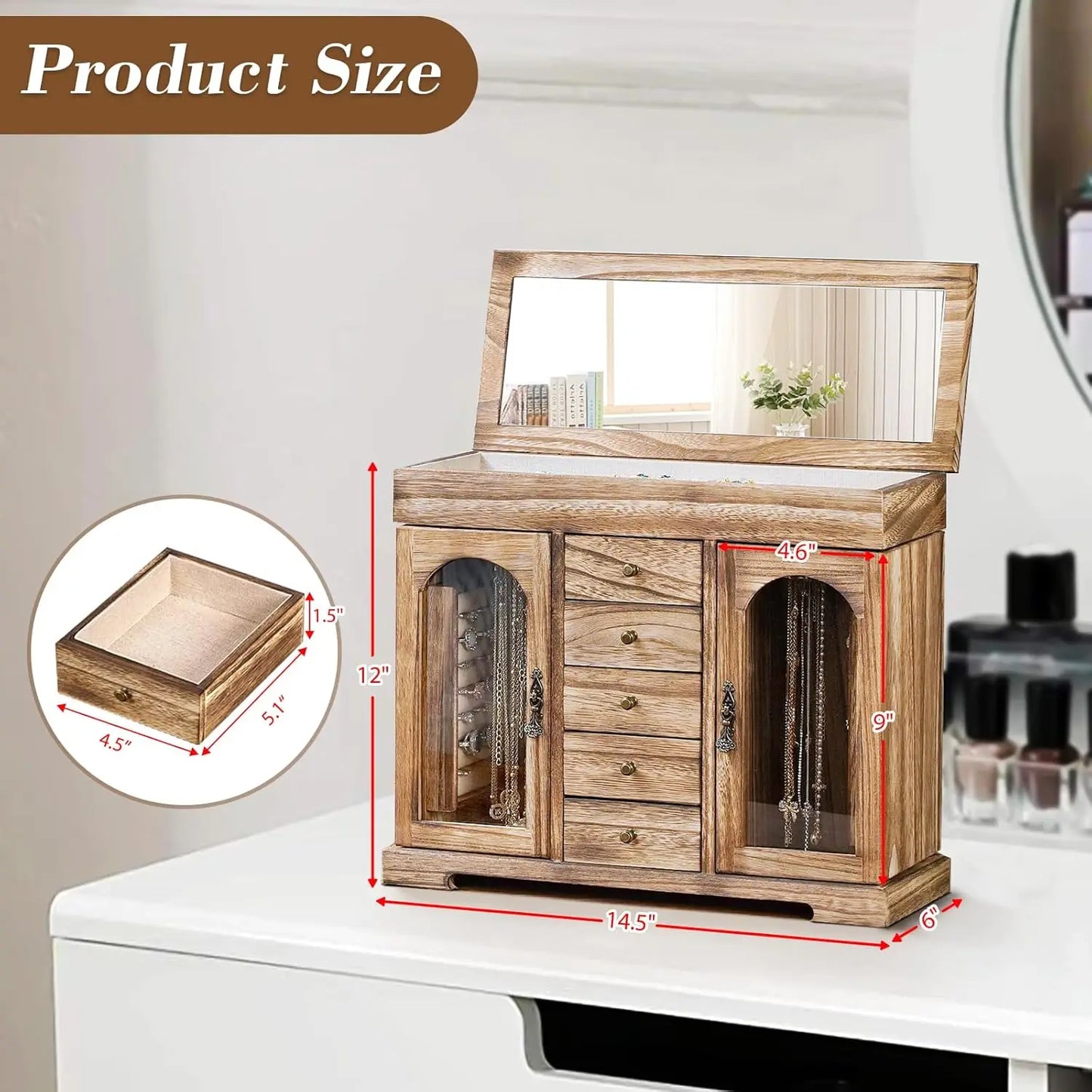 Rustic Wooden Jewelry Organizer Box with Mirror, 5-Layer Storage for Necklaces Earrings Rings Bracelets