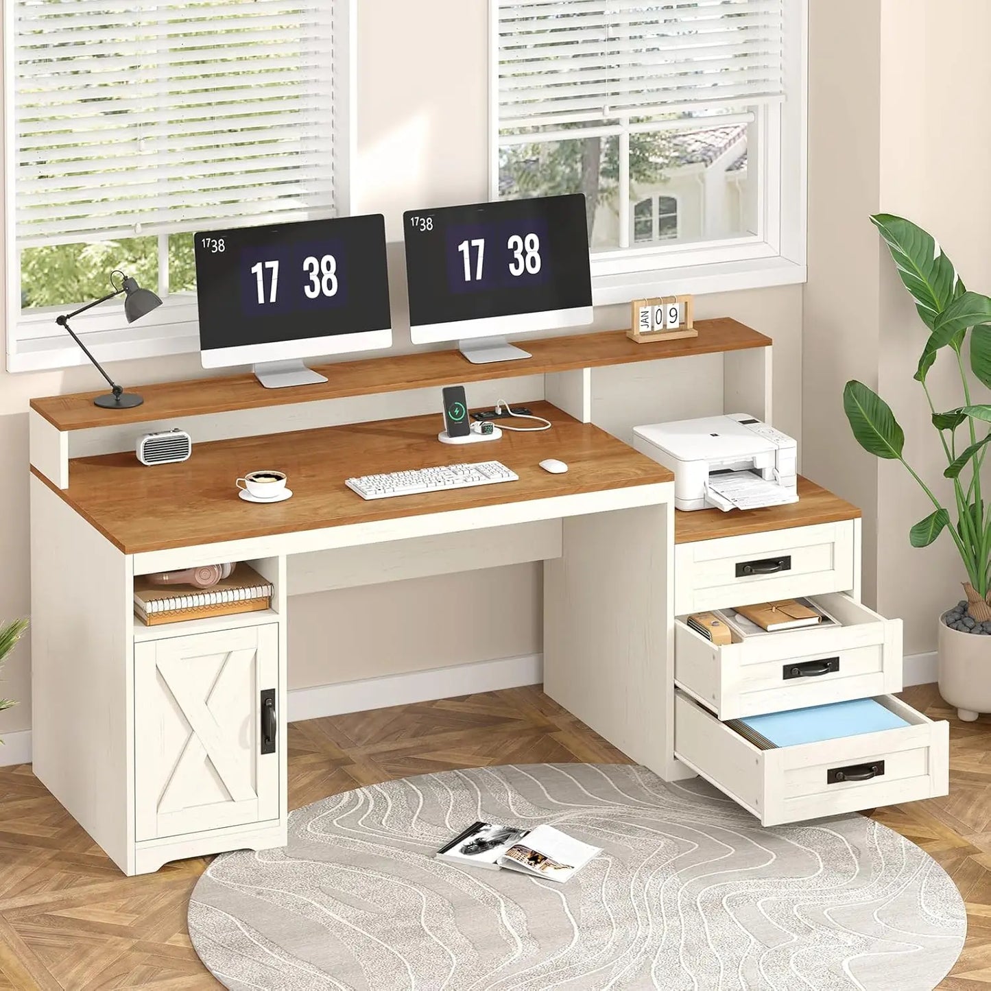 Farmhouse Computer Desk with Drawers, 65'' Home Office Desk with Power Outlets, Storage Cabinet and Printer Stand,, Customized