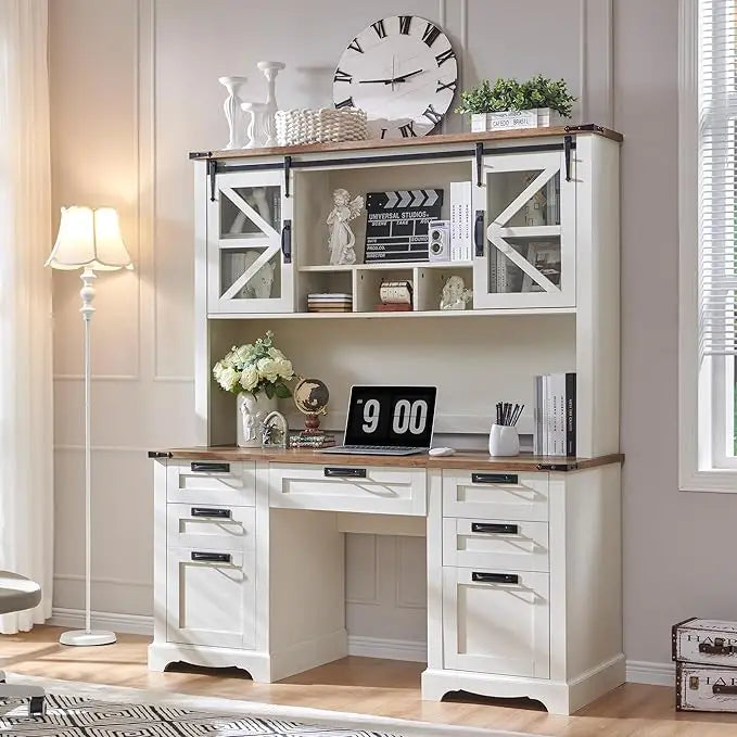 60" Farmhouse Desk with Hutch, Wood Home Office Executive Desk with Drawer, Charging Station, Keyboard Tray, File Drawer, Stora