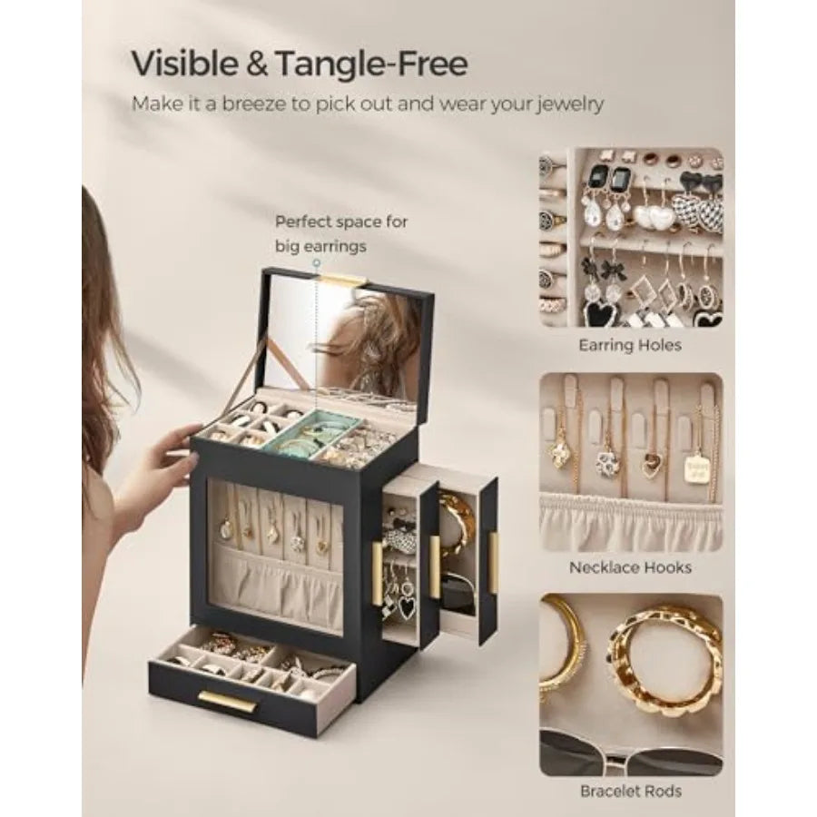 Jewelry Box with Glass Window 5-Layer Jewelry Organizer with 3 Side Drawers Jewelry Storage with Big Mirror Modern 5.1 x 7.9 x