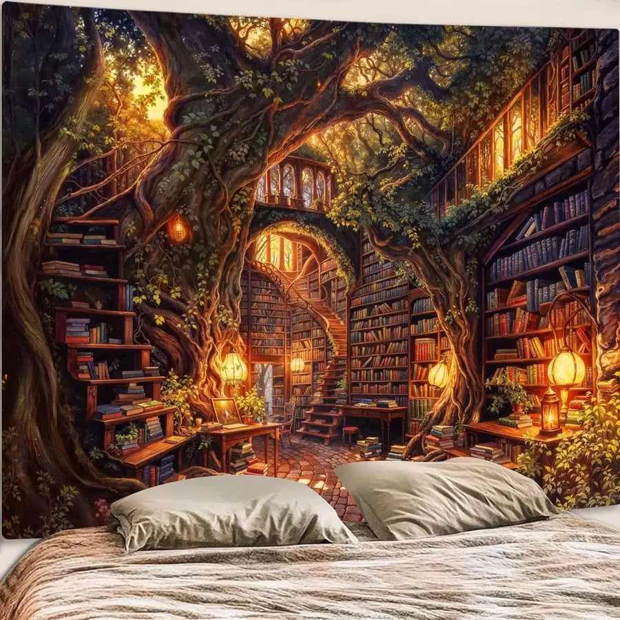 Forest Library Tapestry Tree Bookshelf Tapestries Wall Hanging Vintage Fantasy Fairy Treehouse Book Extra Large Tapestry for Bed