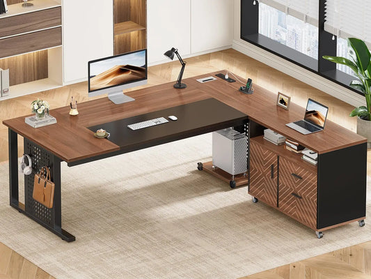 71" Executive Desk with Rolling File Cabinet, Large Office Desk with Drawers, L Shaped Computer Desk with Power, Customized