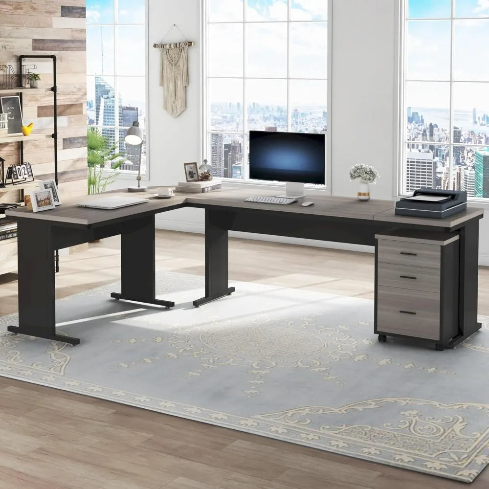 83-Inch L-Shaped Executive Desk, Large Office Computer Desk with File Cabinet