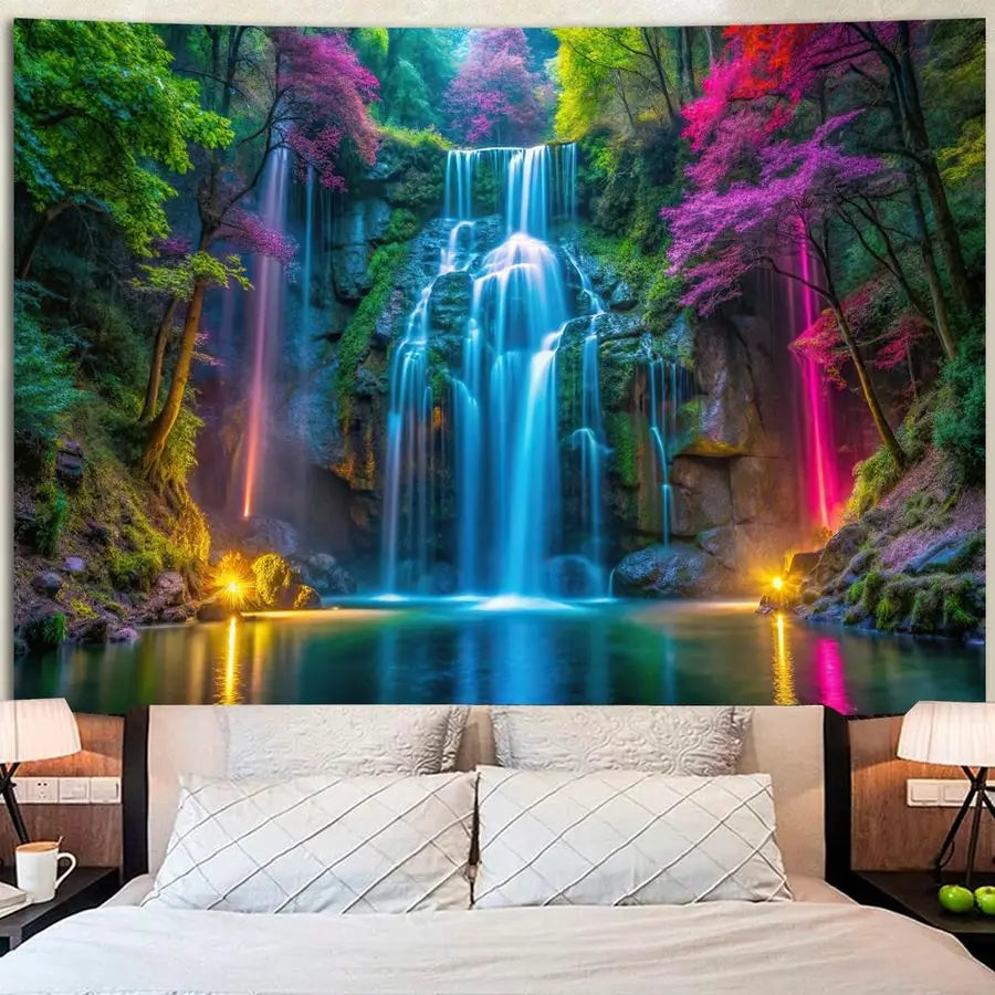 Blacklight Waterfall Tapestry UV Reactive Glow in the Dark Neon Forest Wall Hanging, Vibrant Nature Landscape Wonderland for Bed