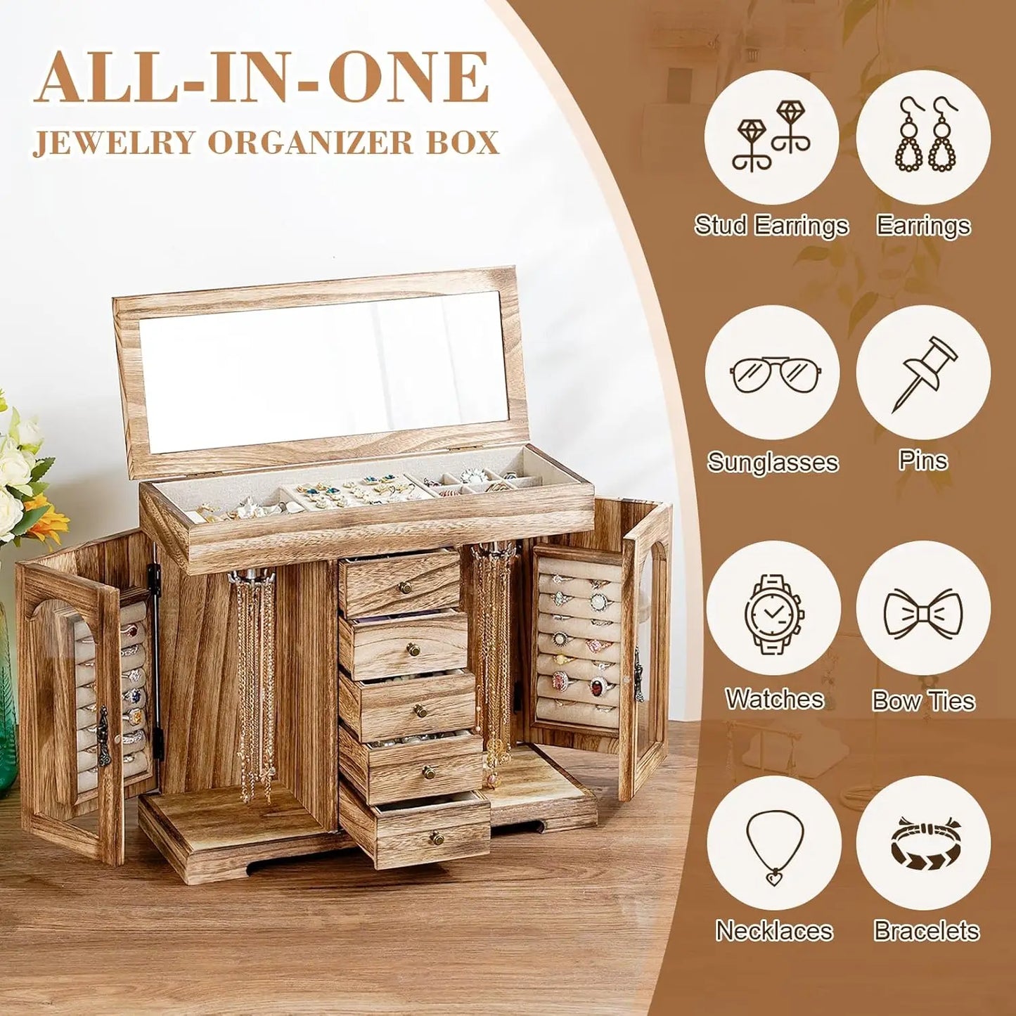 Rustic Wooden Jewelry Organizer Box with Mirror, 5-Layer Storage for Necklaces Earrings Rings Bracelets