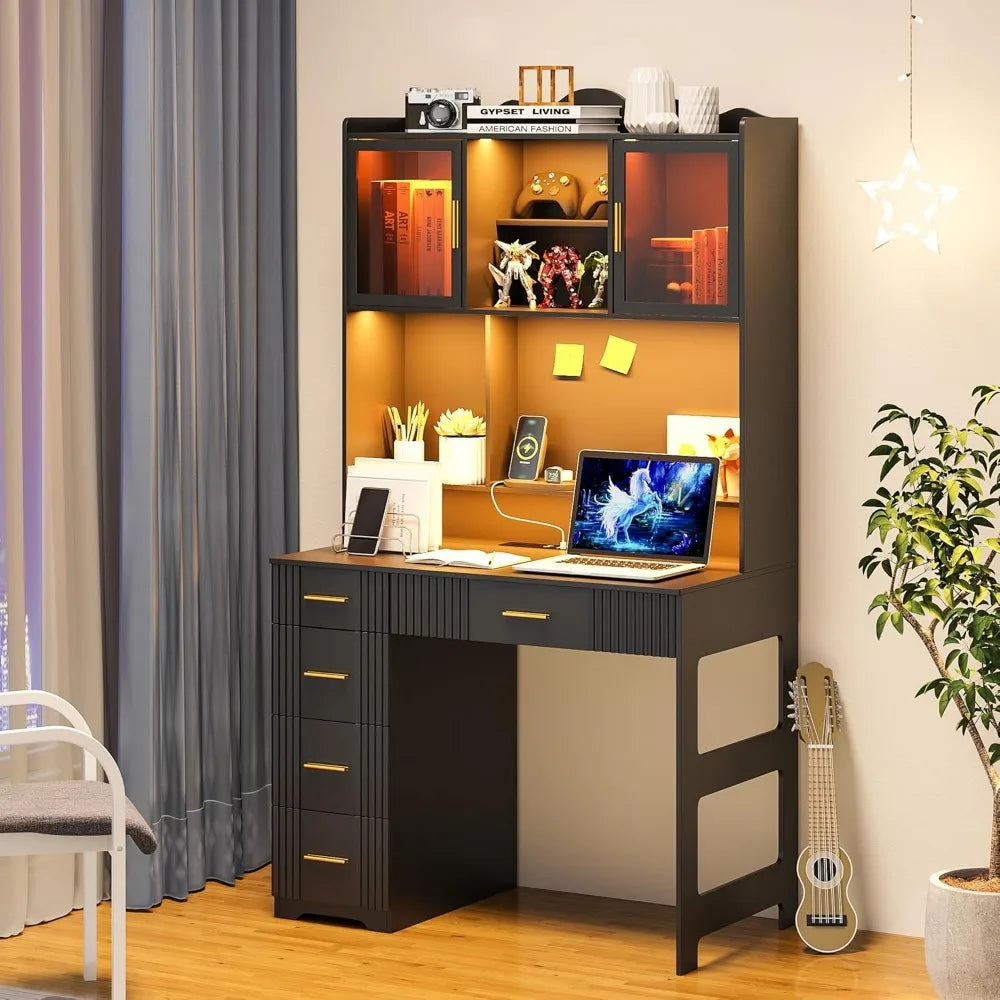 LED Study Desk with Hutch and Drawer, Home Office  with Outlet,Computer Desk with Charging Station,Writing for Bedroo,Customized