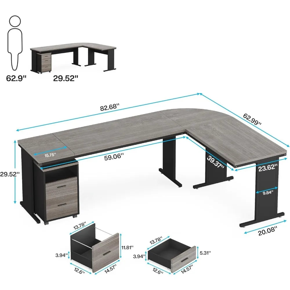 83-Inch L-Shaped Executive Desk, Large Office Computer Desk with File Cabinet