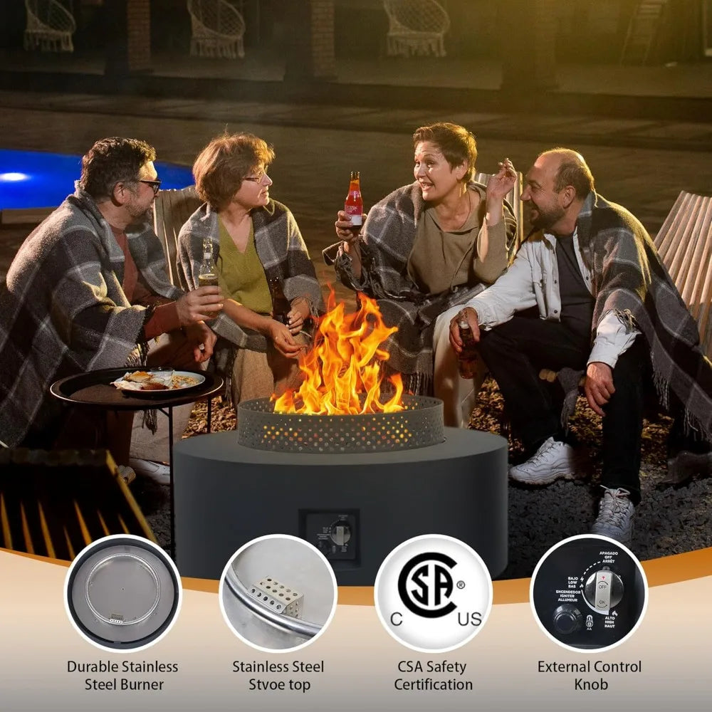 3-Piece Outdoor Fire Pit Table,32 Inch Propane Fire Table 65,000 BTU Black Round Gas Firepit,Baking Sheet, Wind Guard,Customized