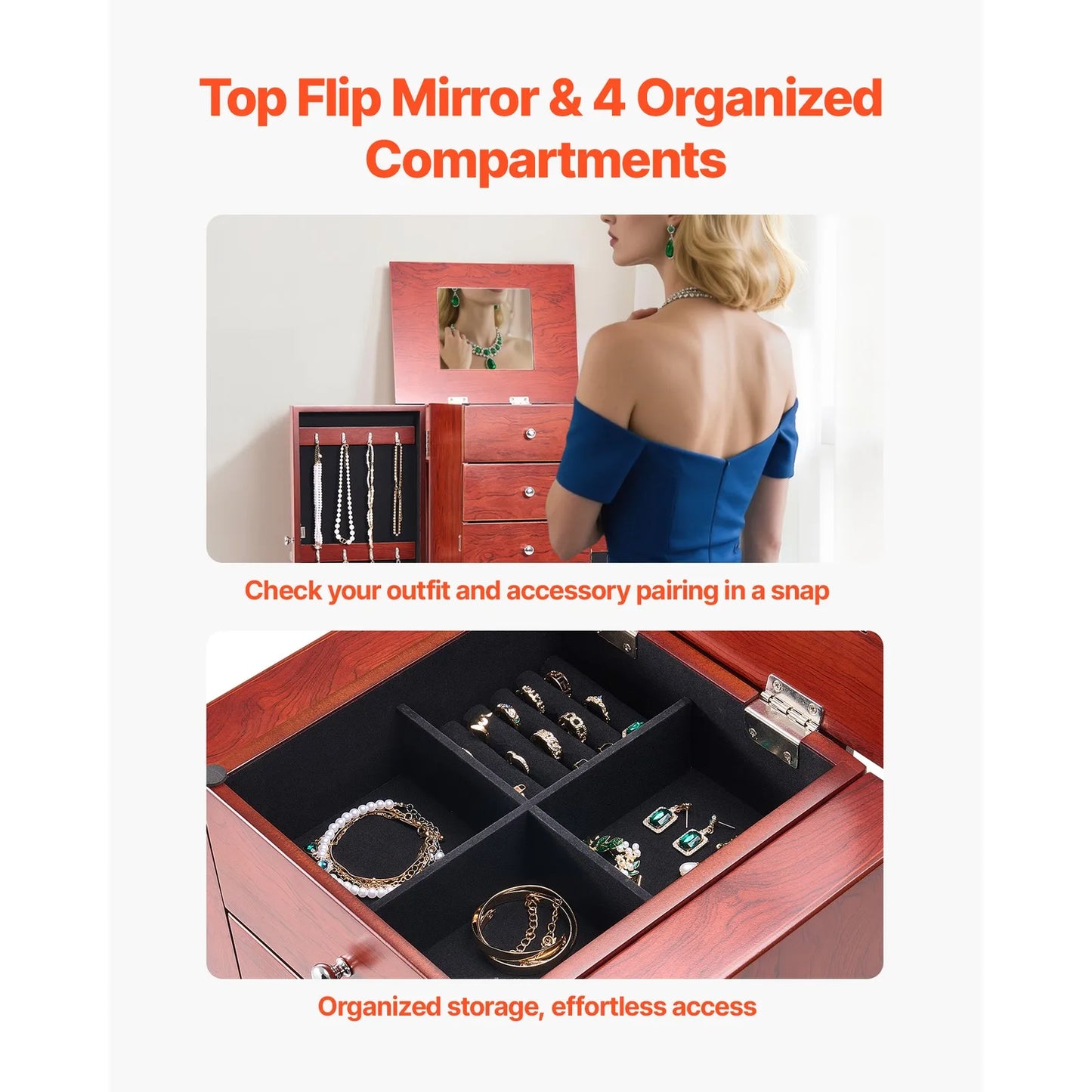 Jewelry Cabinet Armoire Standing Jewelry Storage Chest with 4 Drawers & Mirror