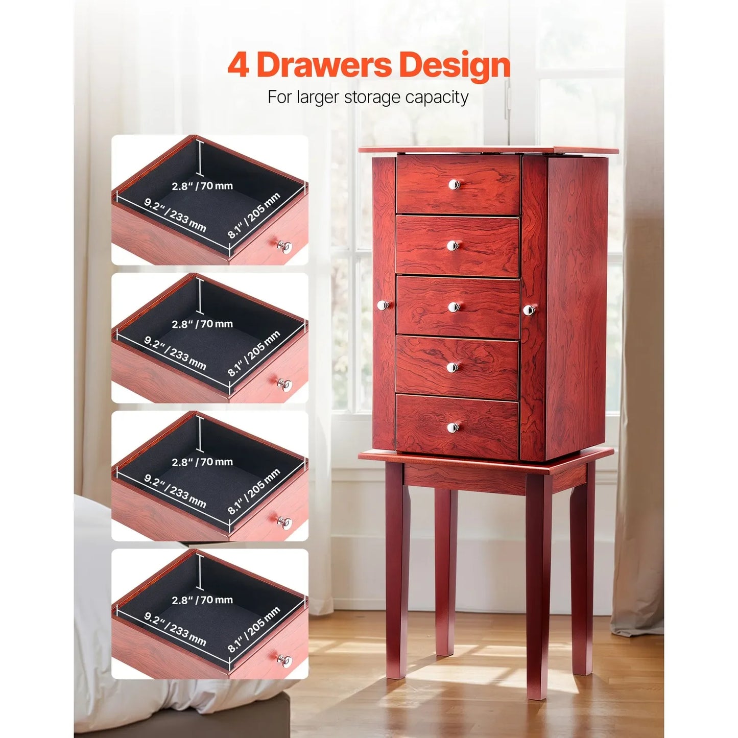 Jewelry Cabinet Armoire Standing Jewelry Storage Chest with 4 Drawers & Mirror