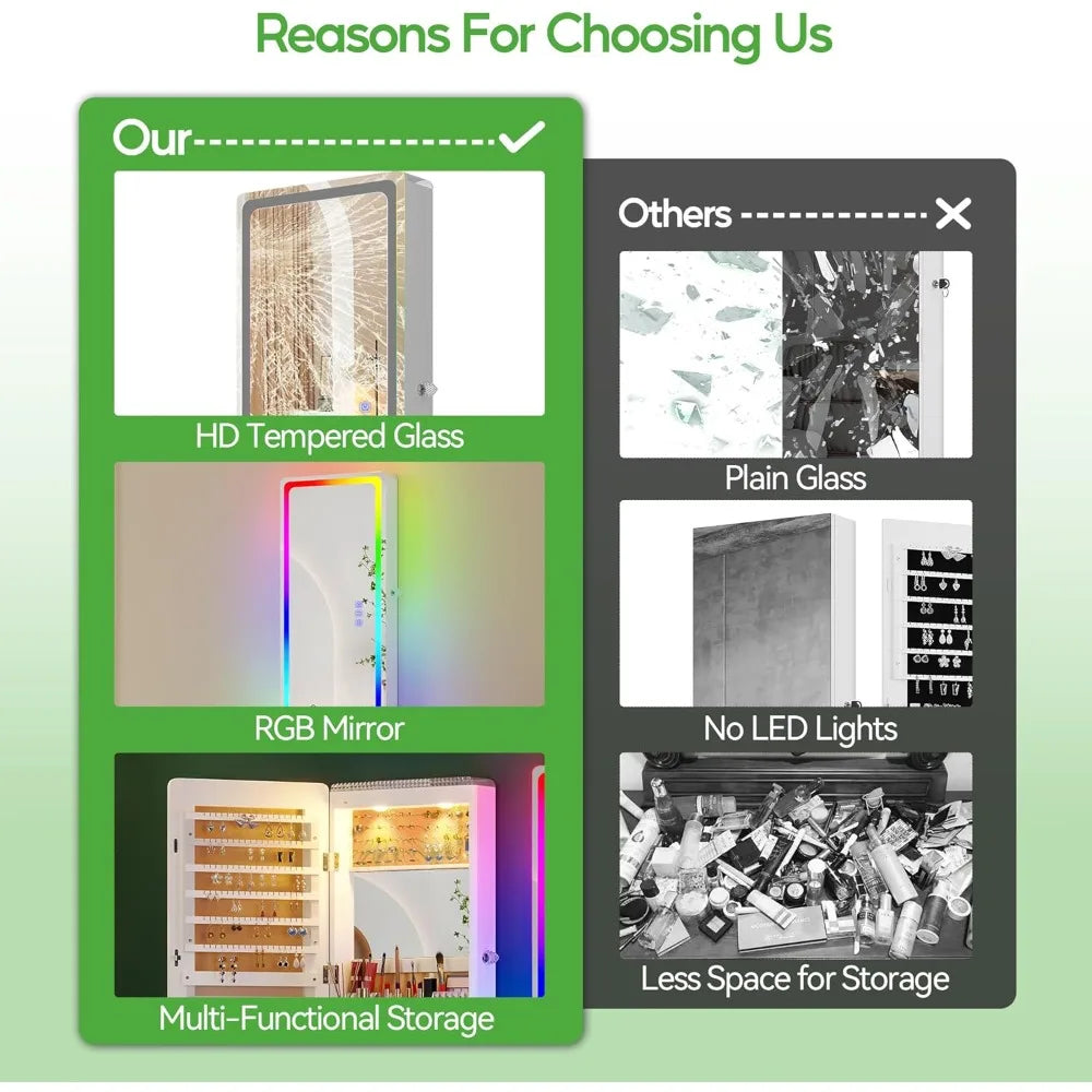 LED Mirror Jewelry Cabinet with RGB Lights,Wall Mounted Jewelry Organizer with Full-Length Mirror,Over The Door Hanging Jewelry