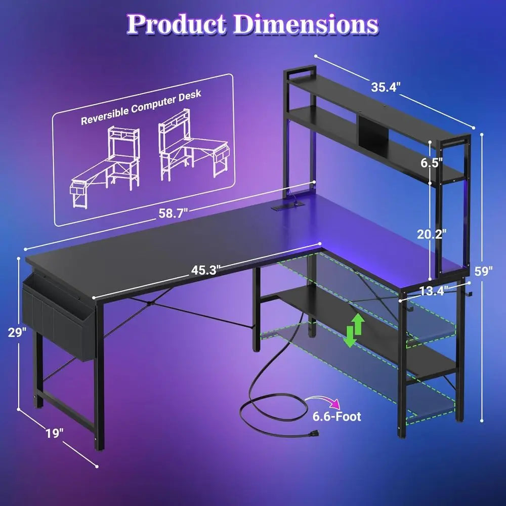 59 L Shaped Computer Desk with LED Light & Power Outlet, Reversible Home Office Desk Gamer Desks with Shelves & Storage Bag & Ho