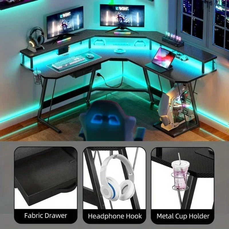 Gaming Desk Corner Table Computer Desk with RGB Light  Power Outlets