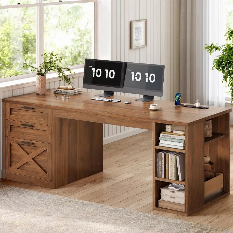 55.1 Executive Office Desk with 3 Drawers and Farmhouse Design Featuring File Drawer Storage Shelves and Built-in Power Outlet