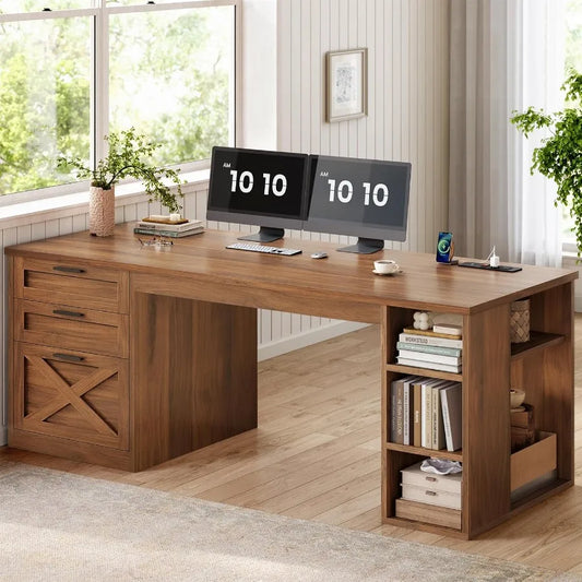 55.1 Executive Office Desk with 3 Drawers and Farmhouse Design Featuring File Drawer Storage Shelves and Built-in Power Outlet