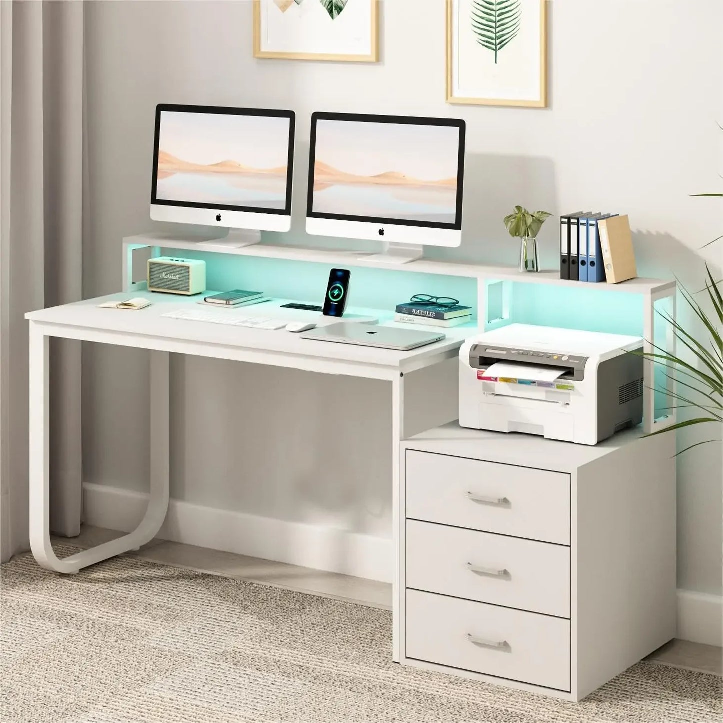67” White Desk with 3 Drawers and Storage, Reversible White Office Desk Computer Desk w/ Monitor Stand, USA