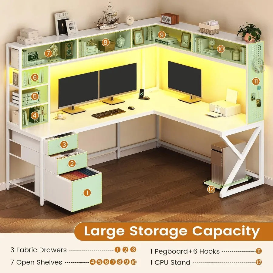 Corner Computer Desk Convertible 94.5 Gaming Desk with Storage Drawers Hutch and Pegboard L Shaped Office Desk with Power Outle