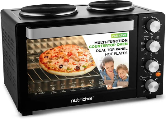30 Qt Kitchen Convection Oven with 2 Burners, 1500W, 7 Functions, Includes Tray, Skewers, Handles